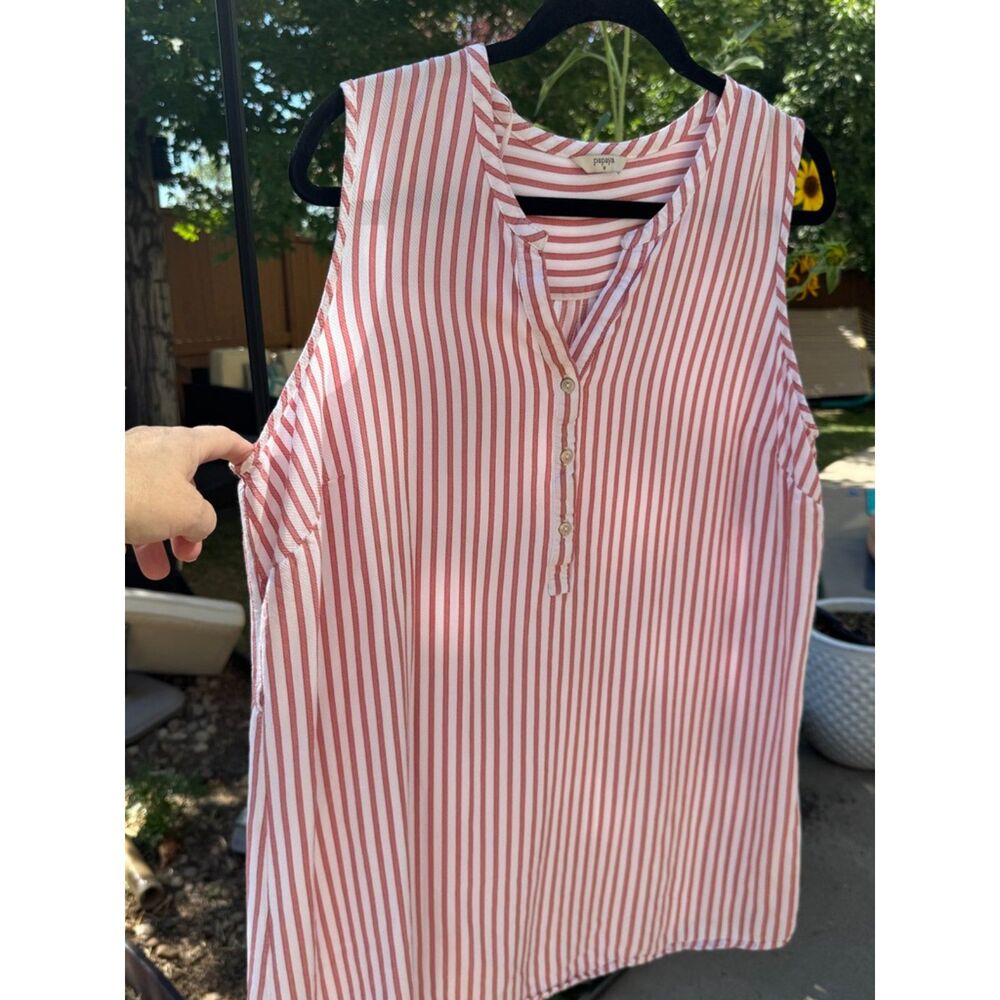 Papaya Sleeveless Summer Shift Red White Stripe V-Neck 3-Button
